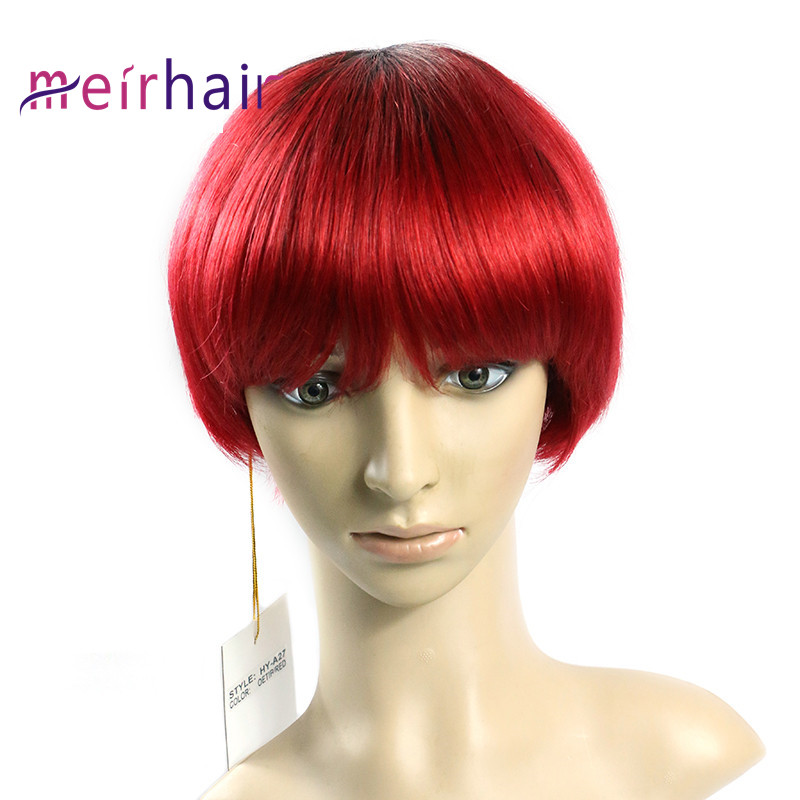 Human Hair Short Wig Machine Made Red Color